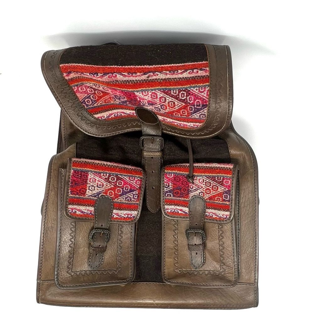 Brown Leather Backpack with Red Patterned Textile Accents - Women